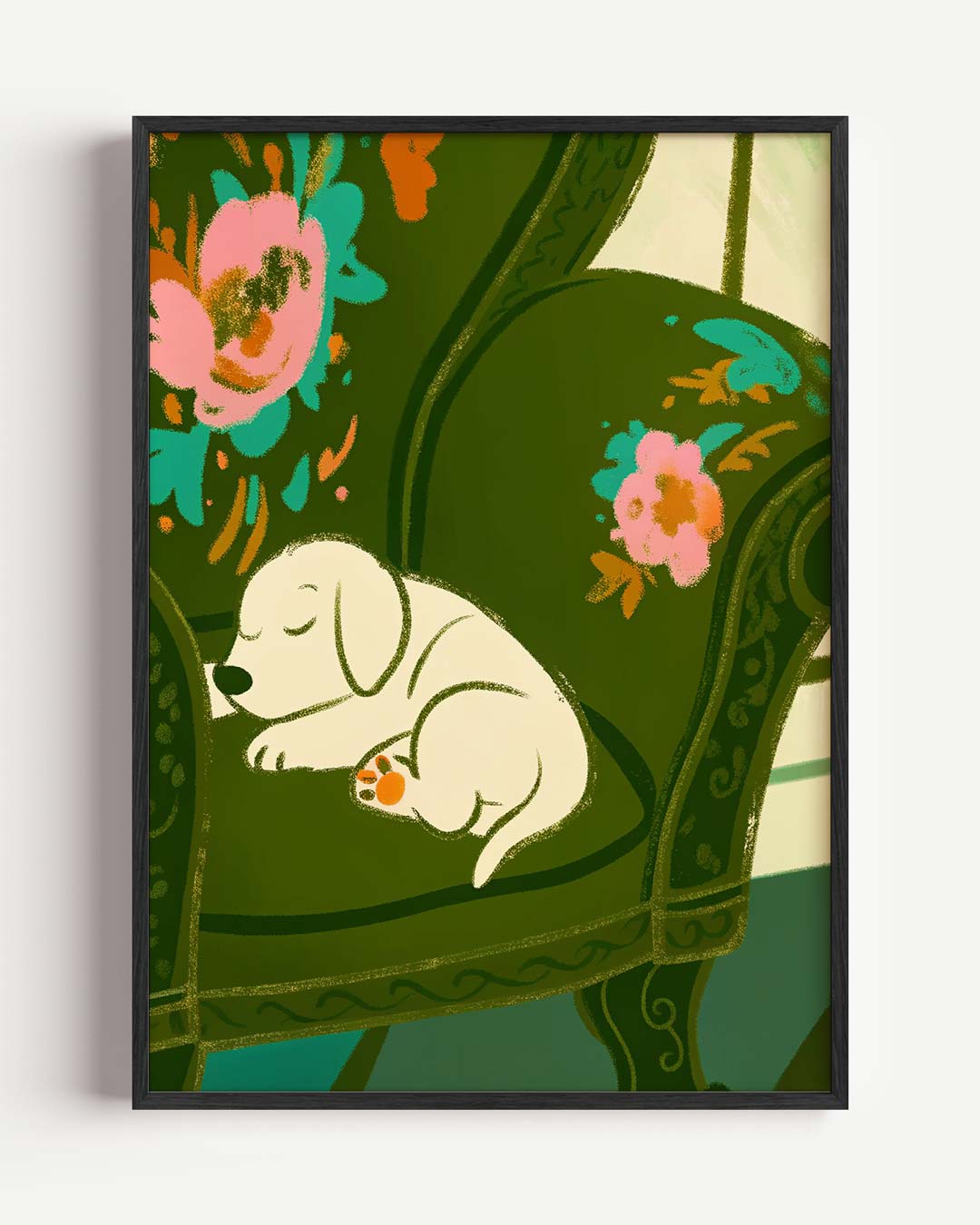 Slapende Puppy op Bloemenstoel Poster