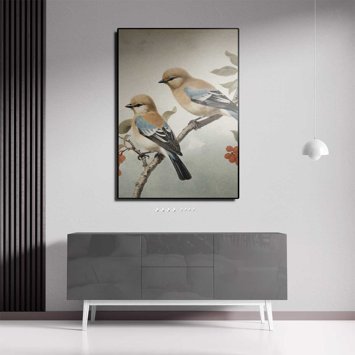 Dromerige Vogels op een Tak Kunstwerk-canvas-dibond-plexiglas-wanddecoratie-WallArtistic