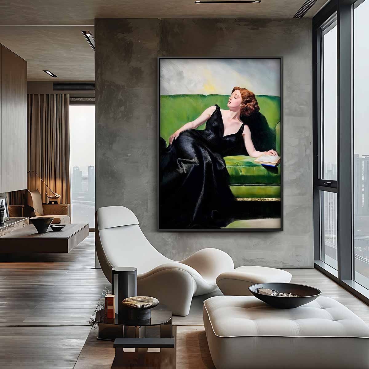 Vrouw Op Groene Bank Kunstwerk-canvas-dibond-plexiglas-wanddecoratie-WallArtistic