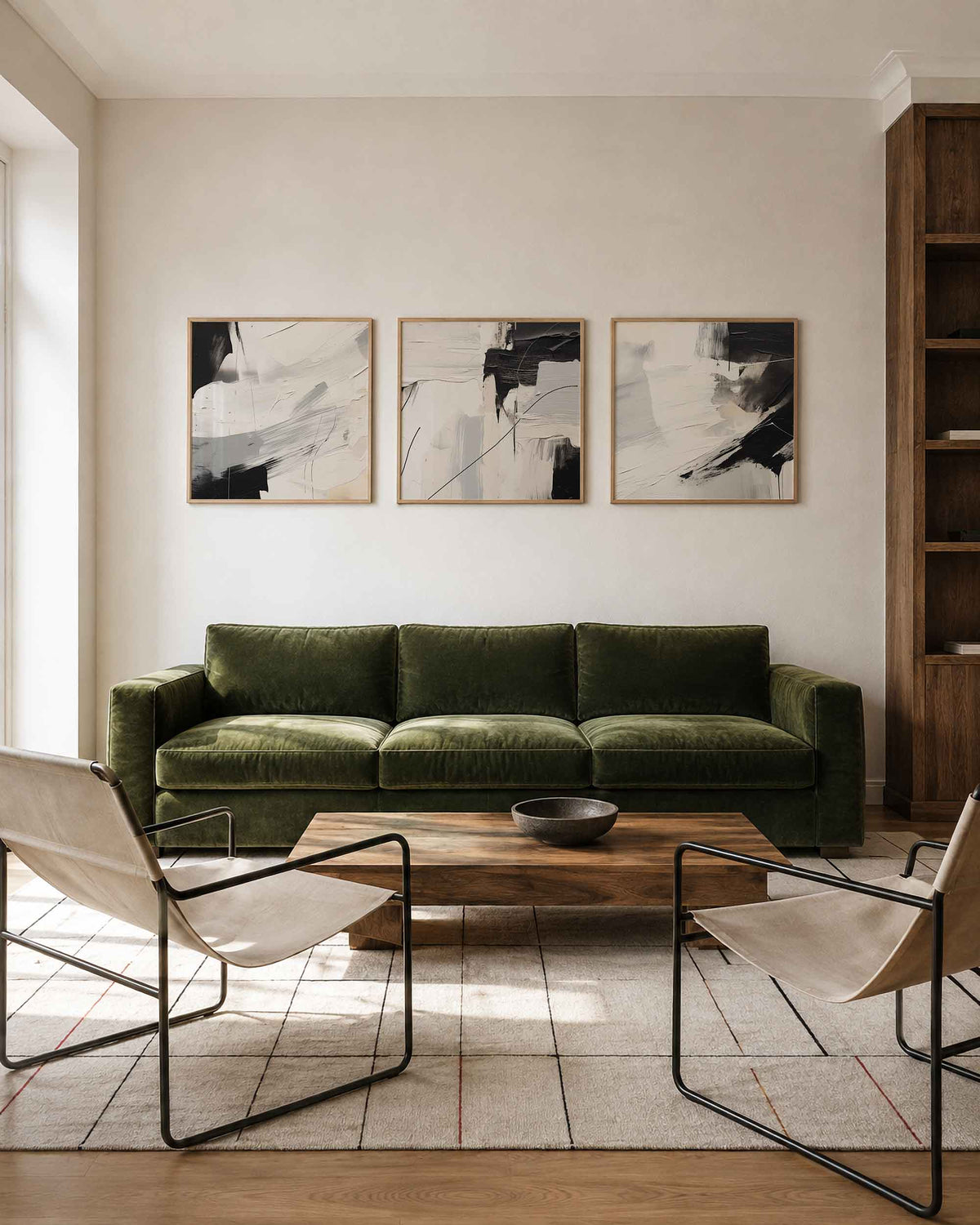 Interieurpresentatie van een driedelige vierkante posterset met zwart wit abstract