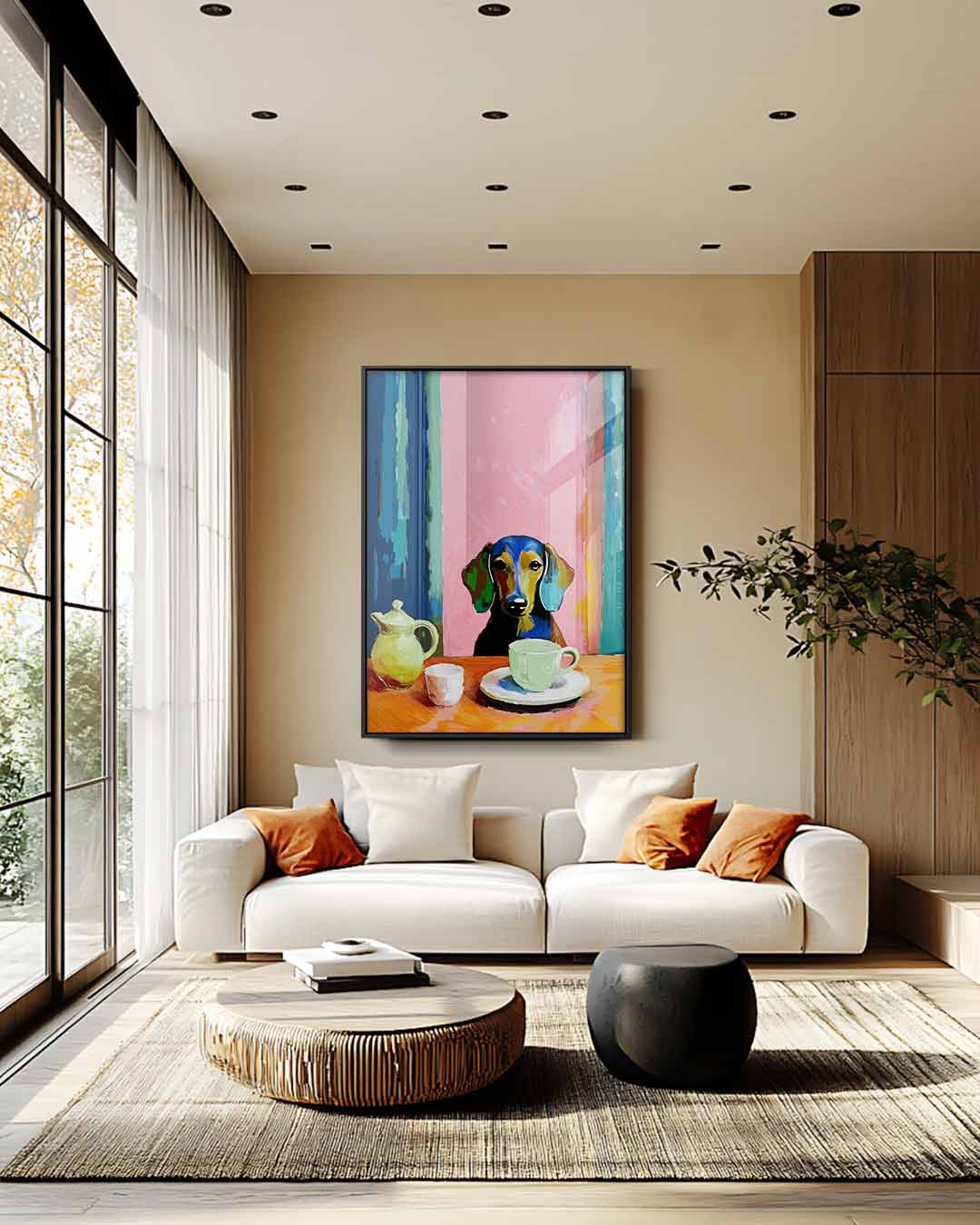 Koffiepauze met Teckel Kunstwerk-canvas-dibond-plexiglas-wanddecoratie-WallArtistic