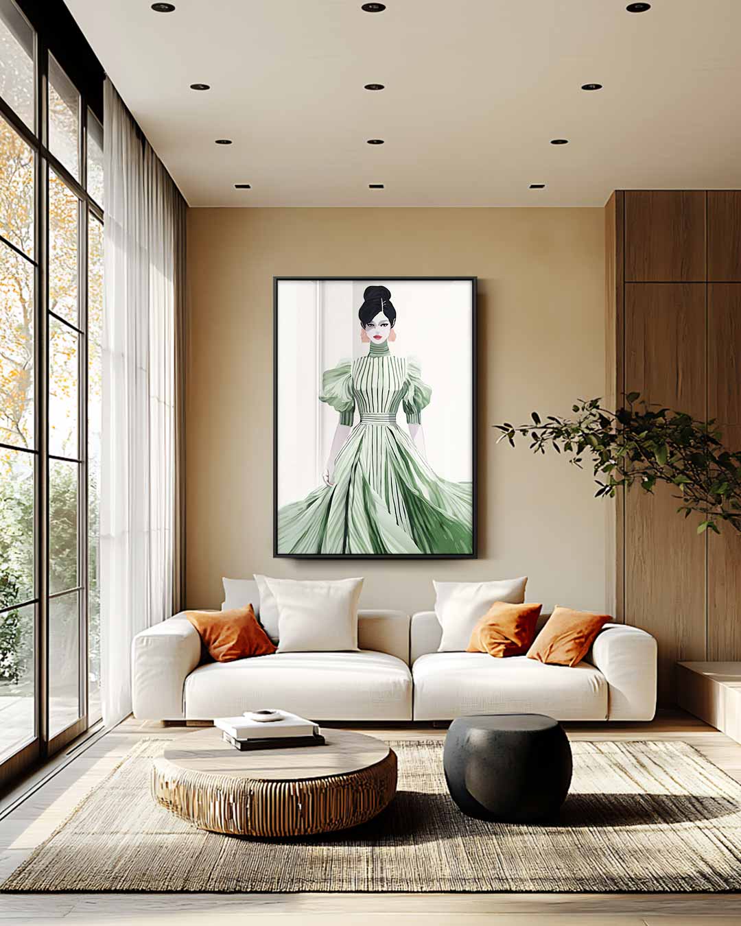 Elegante Mode Illustratie van Vrouw in Groene Jurk Kunstwerk-canvas-dibond-plexiglas-wanddecoratie-WallArtistic