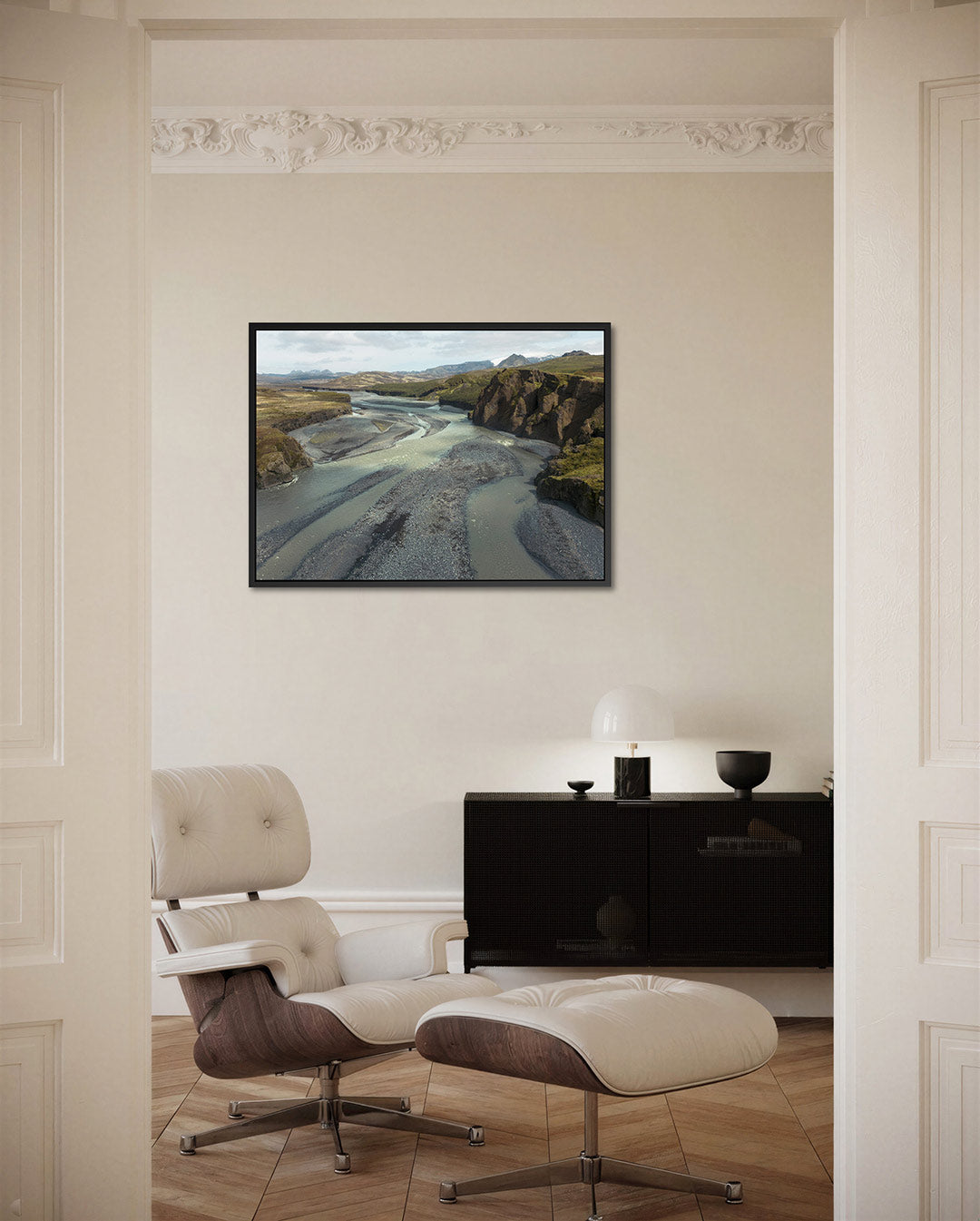 Rivierlandschap met bergen Kunstwerk