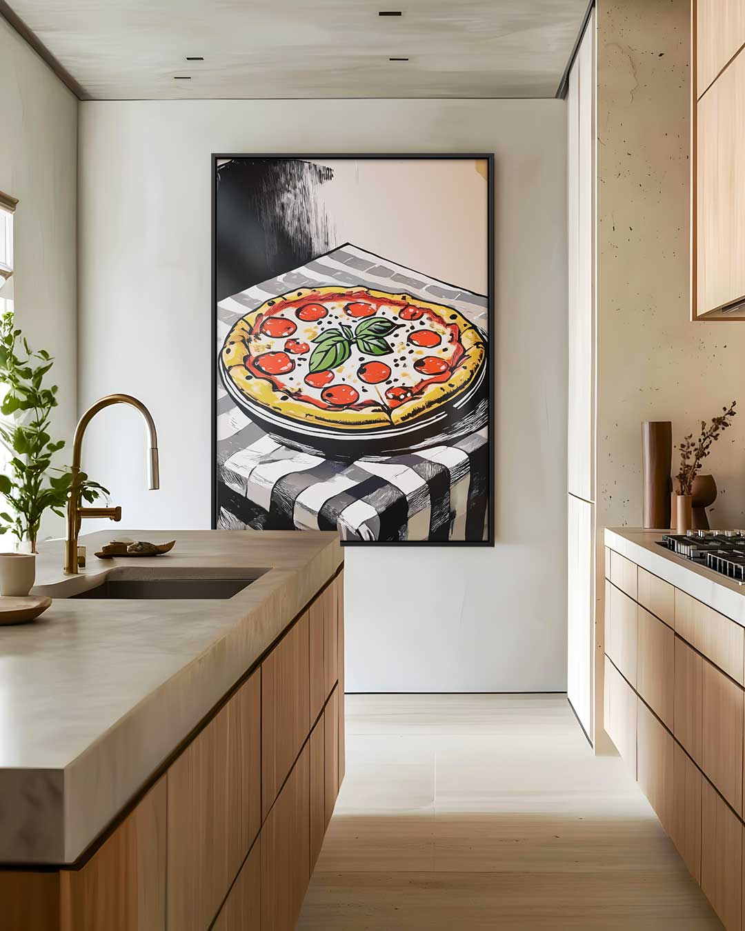 Sfeervolle Pizza op Tafel Kunstwerk-canvas-dibond-plexiglas-wanddecoratie-WallArtistic