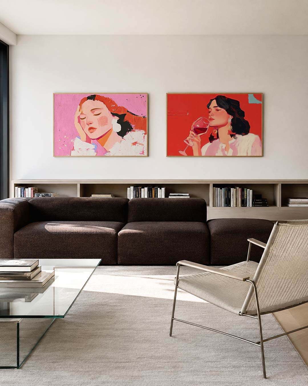 Twee liggende posters met een zachte compositie van roze en oranje tinten met vloeiende lijnen, aan de muur in een interieur
