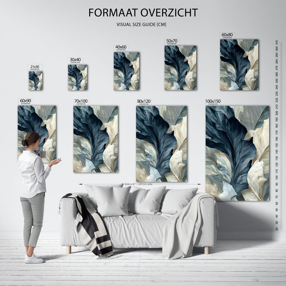 Bladeren in blauw en beige Poster