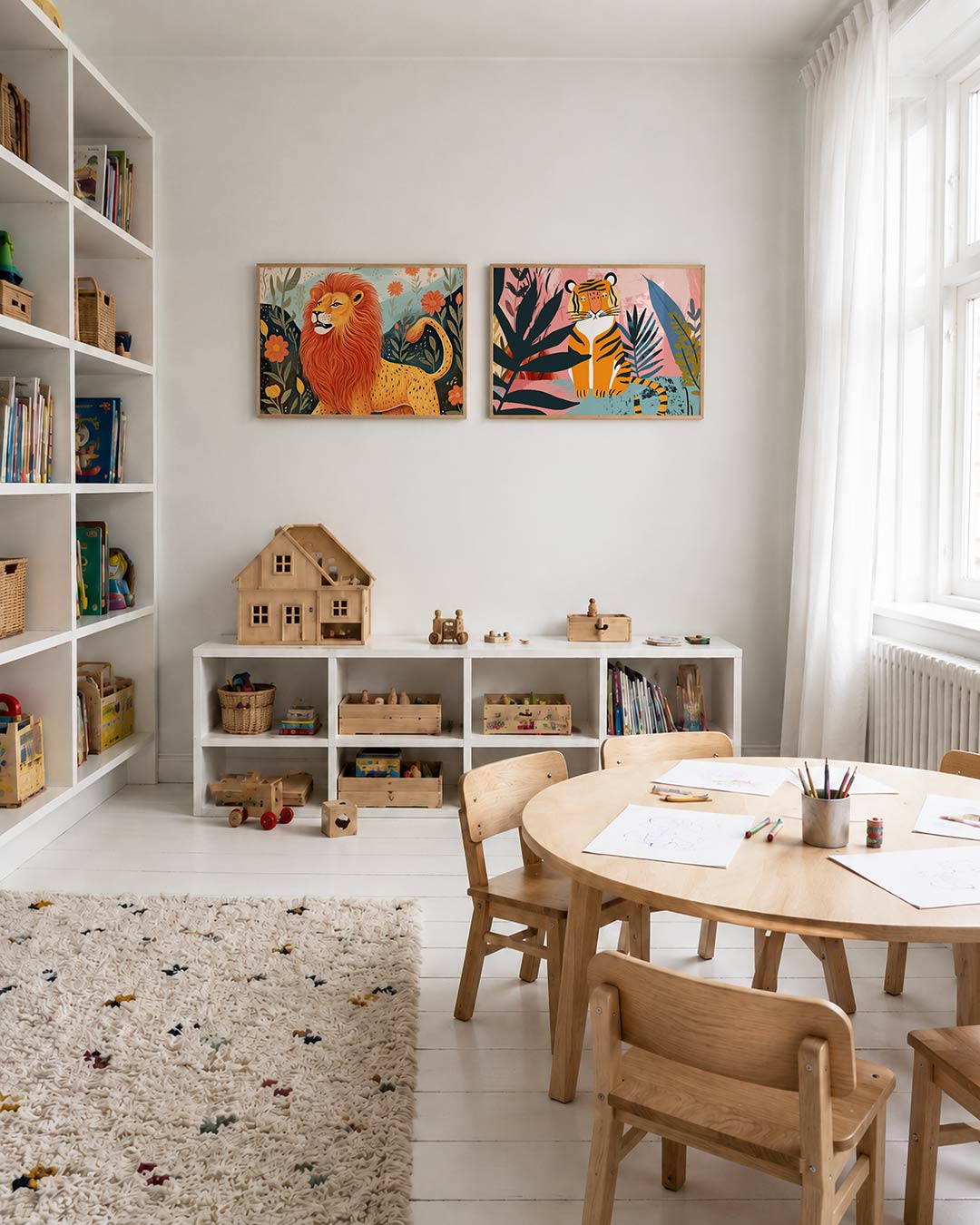 Twee liggende posters met een majestueuze leeuw met een vurige manen, aan de muur in een interieur