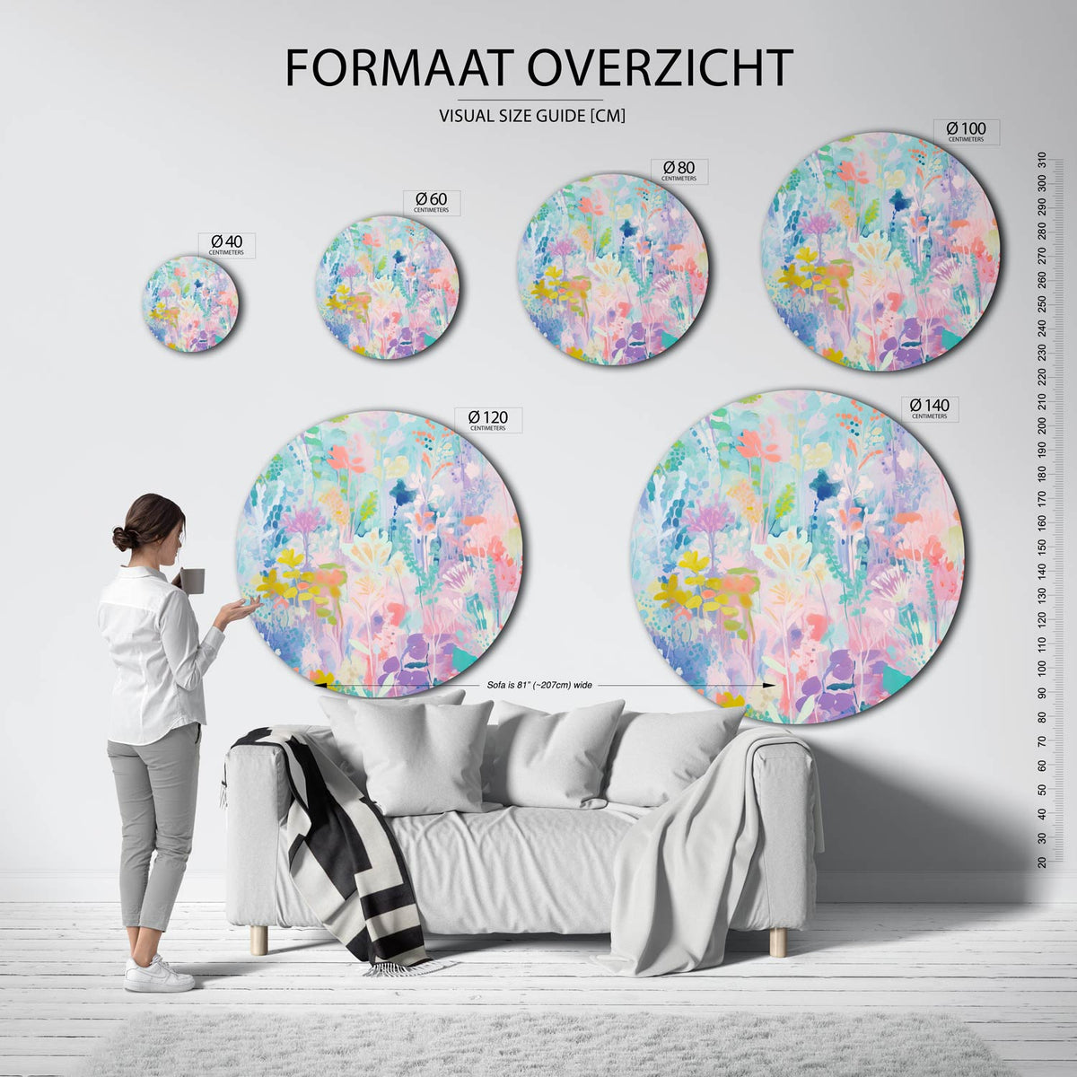 Bloemenpracht Muurcirkel – extra productweergave – De muurcirkel toont een overvloed aan bloemen in zachte pastelkleuren