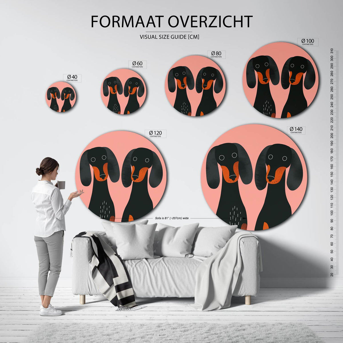 Twee teckels Muurcirkel – extra productweergave – Twee zwarte teckels met oranje accenten op een roze achtergrond.