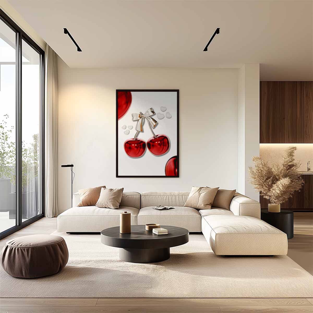 Glanzende Kersen met Strik Kunstwerk-canvas-dibond-plexiglas-wanddecoratie-WallArtistic
