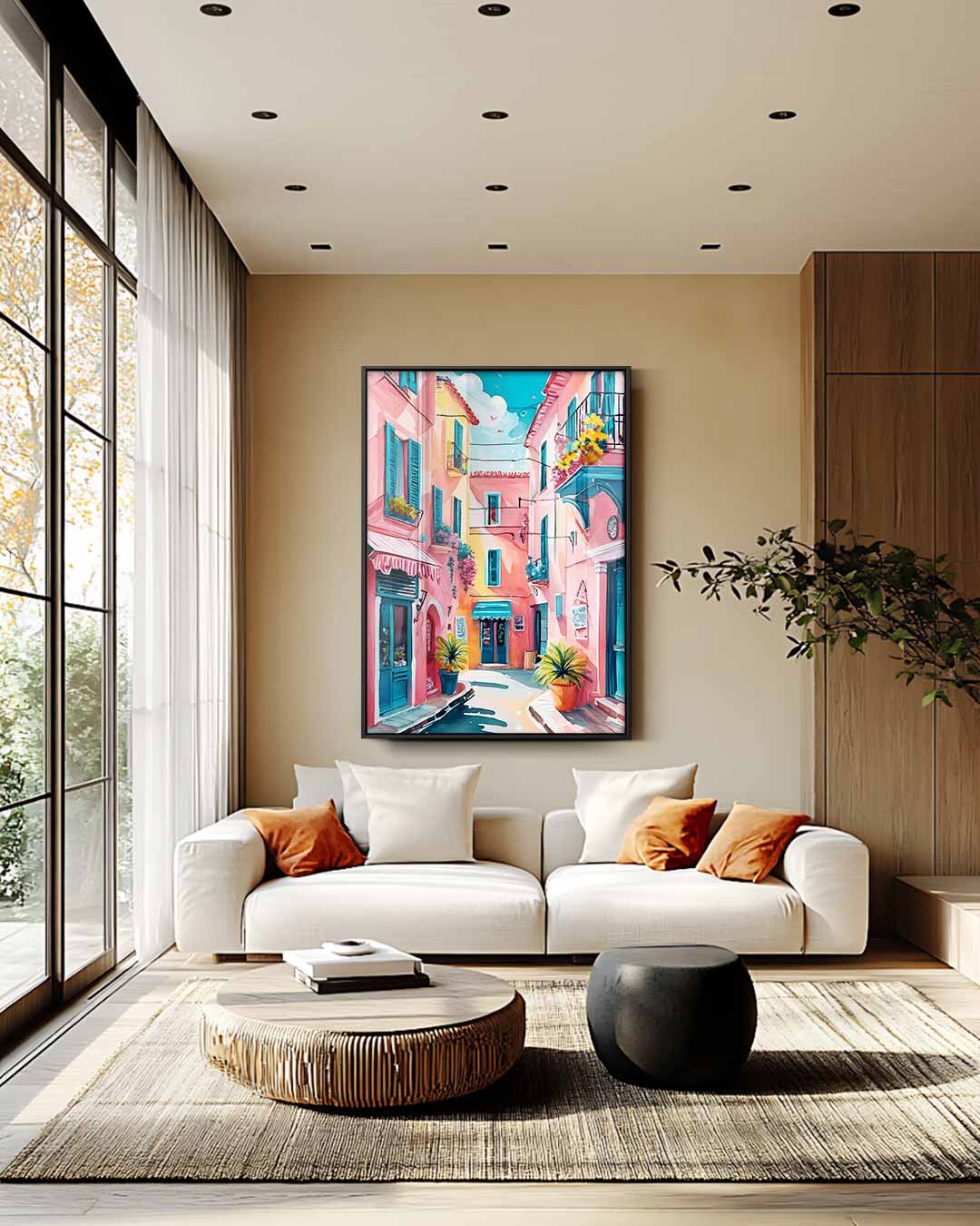 Kleurrijke Mediterrane Straat Kunstwerk-canvas-dibond-plexiglas-wanddecoratie-WallArtistic