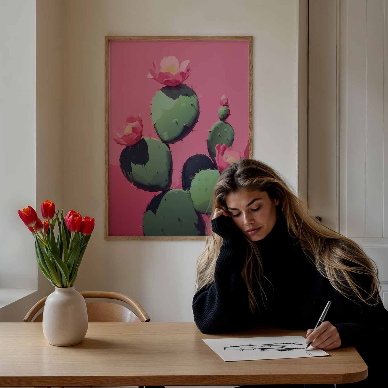 Bloeiende Cactus op Roze Achtergrond Poster
