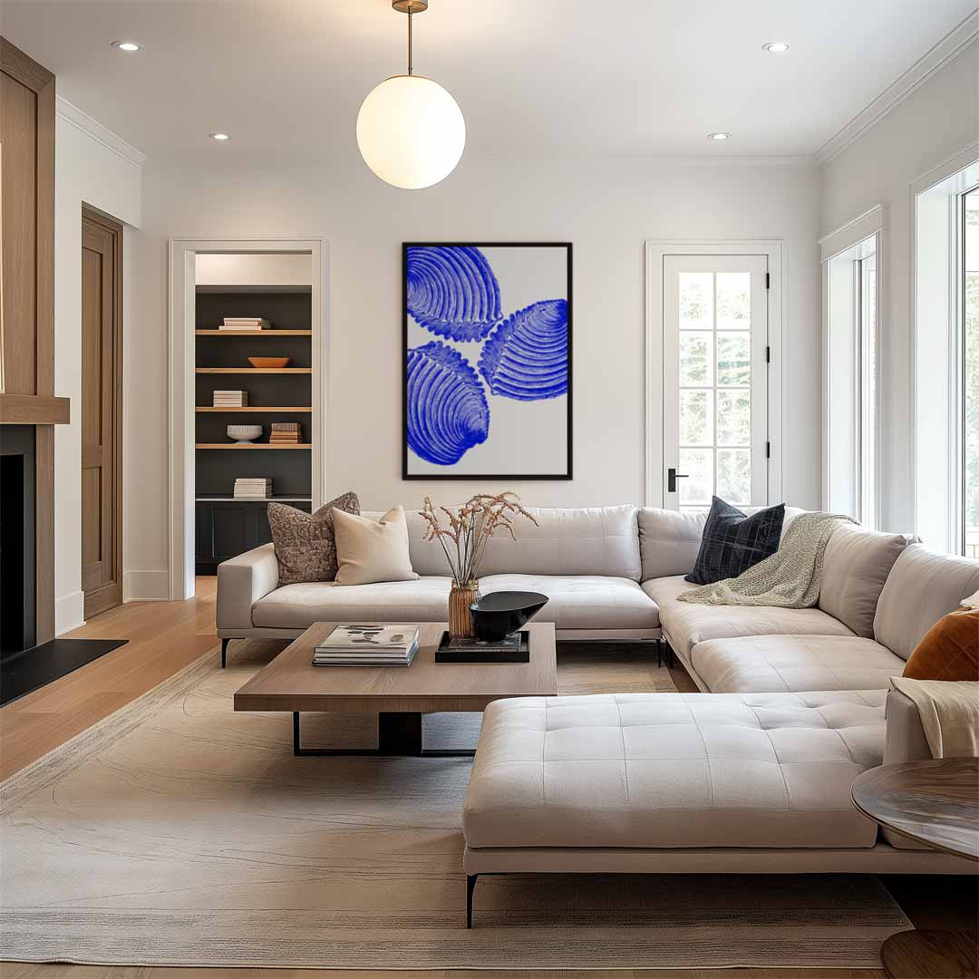 Blauwe Schelp Trio Kunstwerk Kunstwerk-canvas-dibond-plexiglas-wanddecoratie-WallArtistic