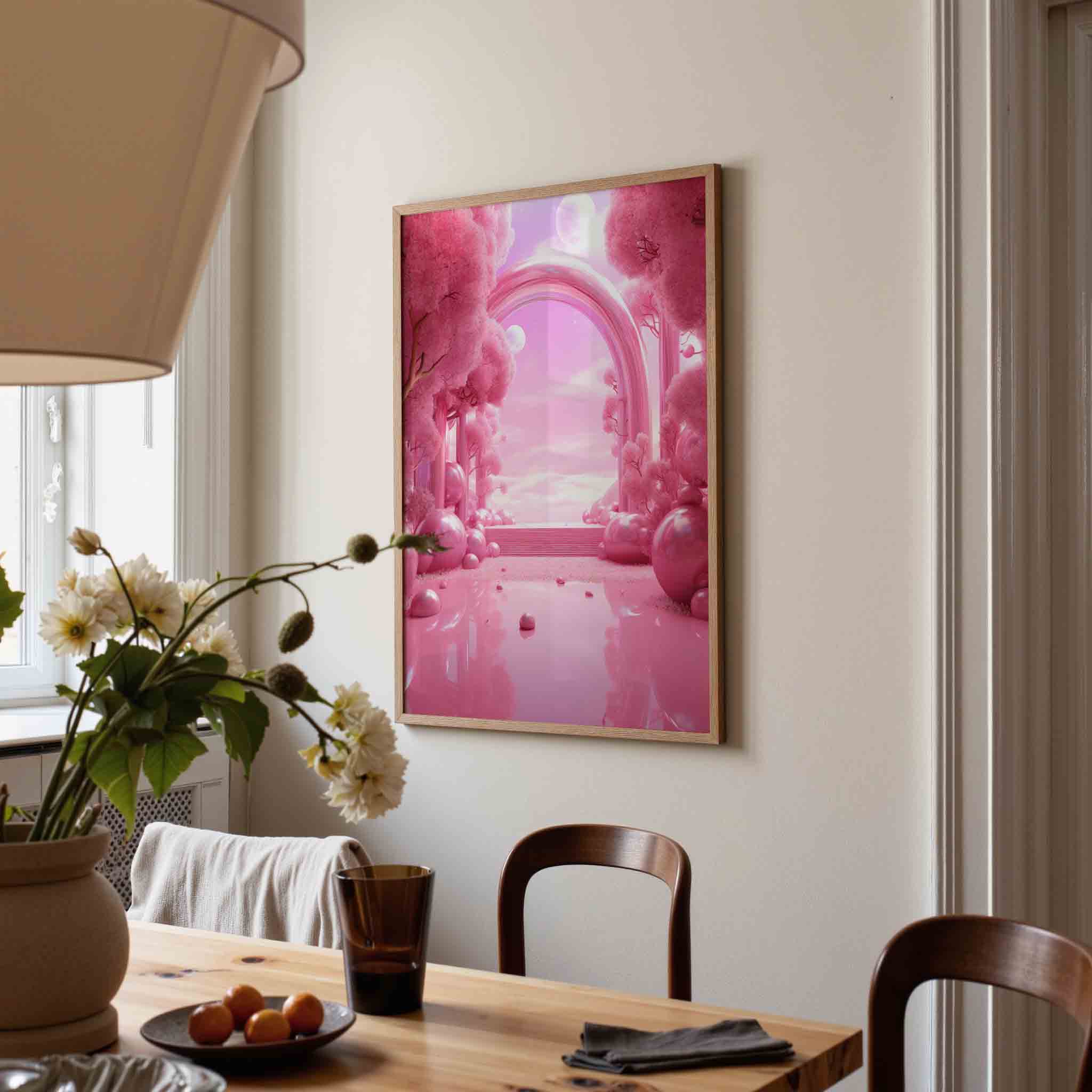 Roze landschap met bogen Poster