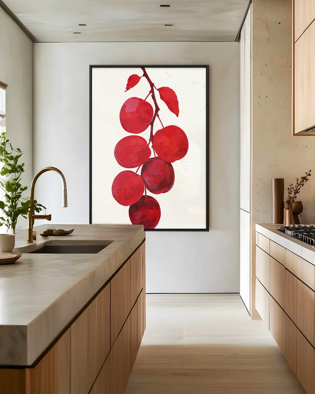 Rode Vruchten aan Tak Kunstwerk-canvas-dibond-plexiglas-wanddecoratie-WallArtistic