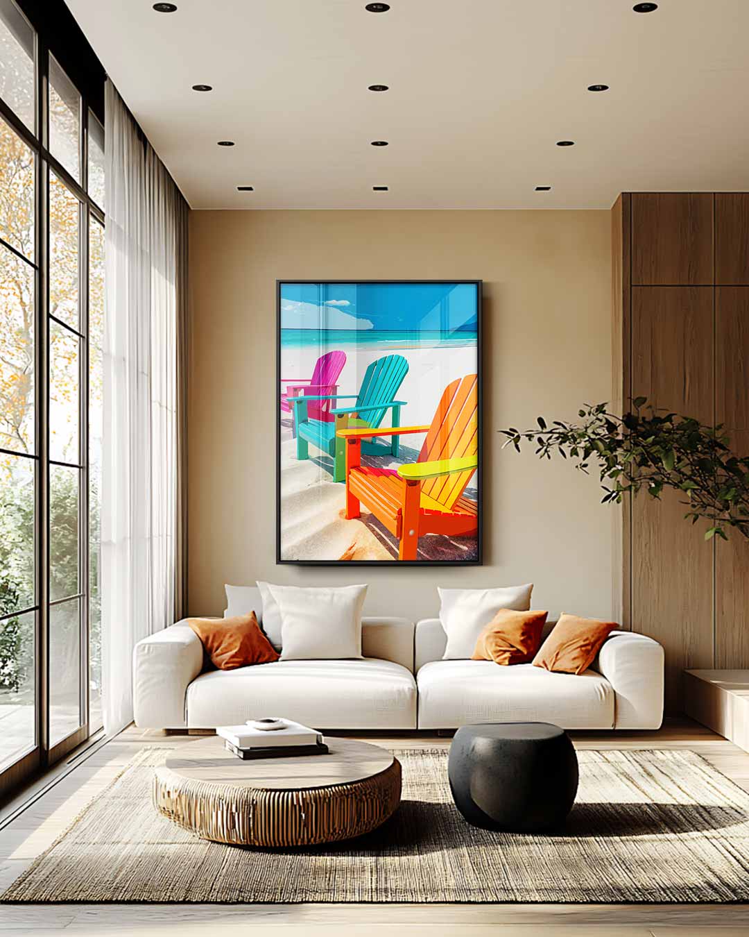 Kleurrijke Strandstoelen aan Zee Kunstwerk-canvas-dibond-plexiglas-wanddecoratie-WallArtistic