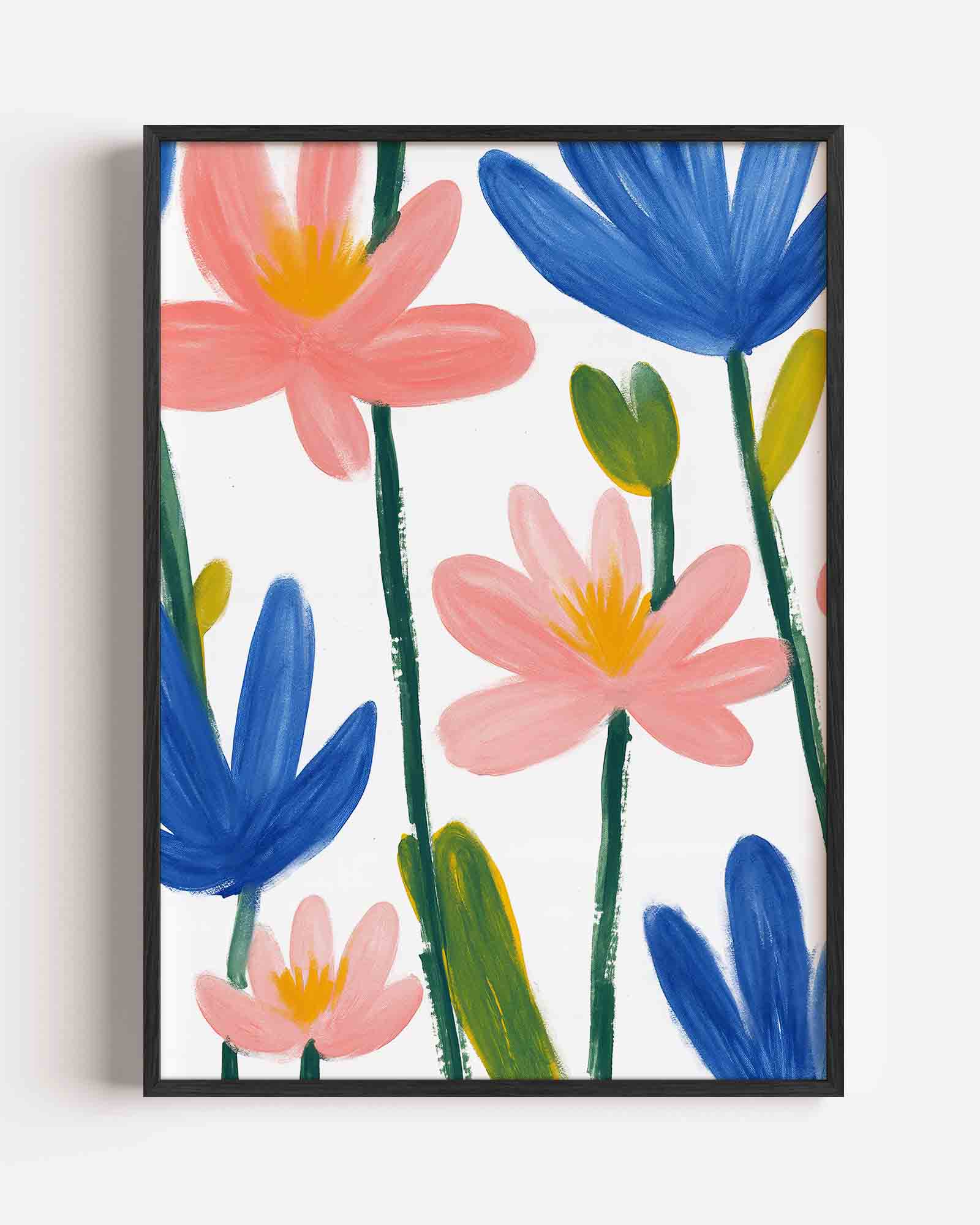 Bloemen in blauw en roze Poster