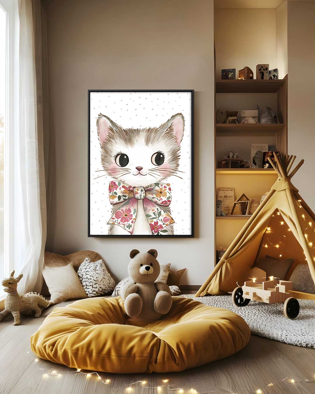 Schattige Kat met Bloemenstrik Kunstwerk-canvas-dibond-plexiglas-wanddecoratie-WallArtistic