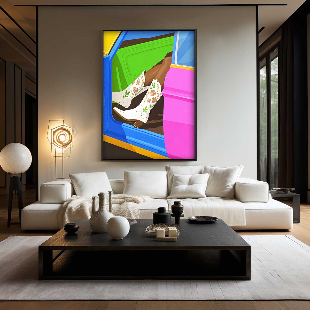Kleurrijke Cowboylaarzen in Stijlvolle Auto Kunstwerk-canvas-dibond-plexiglas-wanddecoratie-WallArtistic