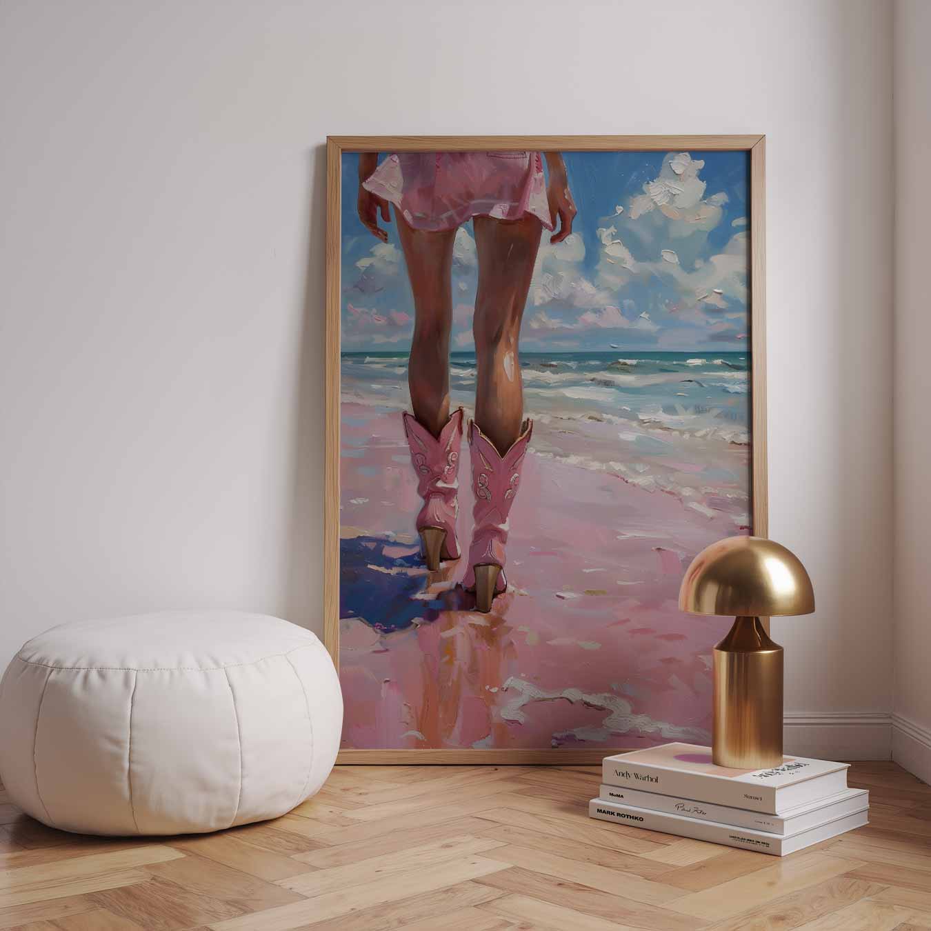 Strandwandeling met Roze Cowboylaarzen Poster