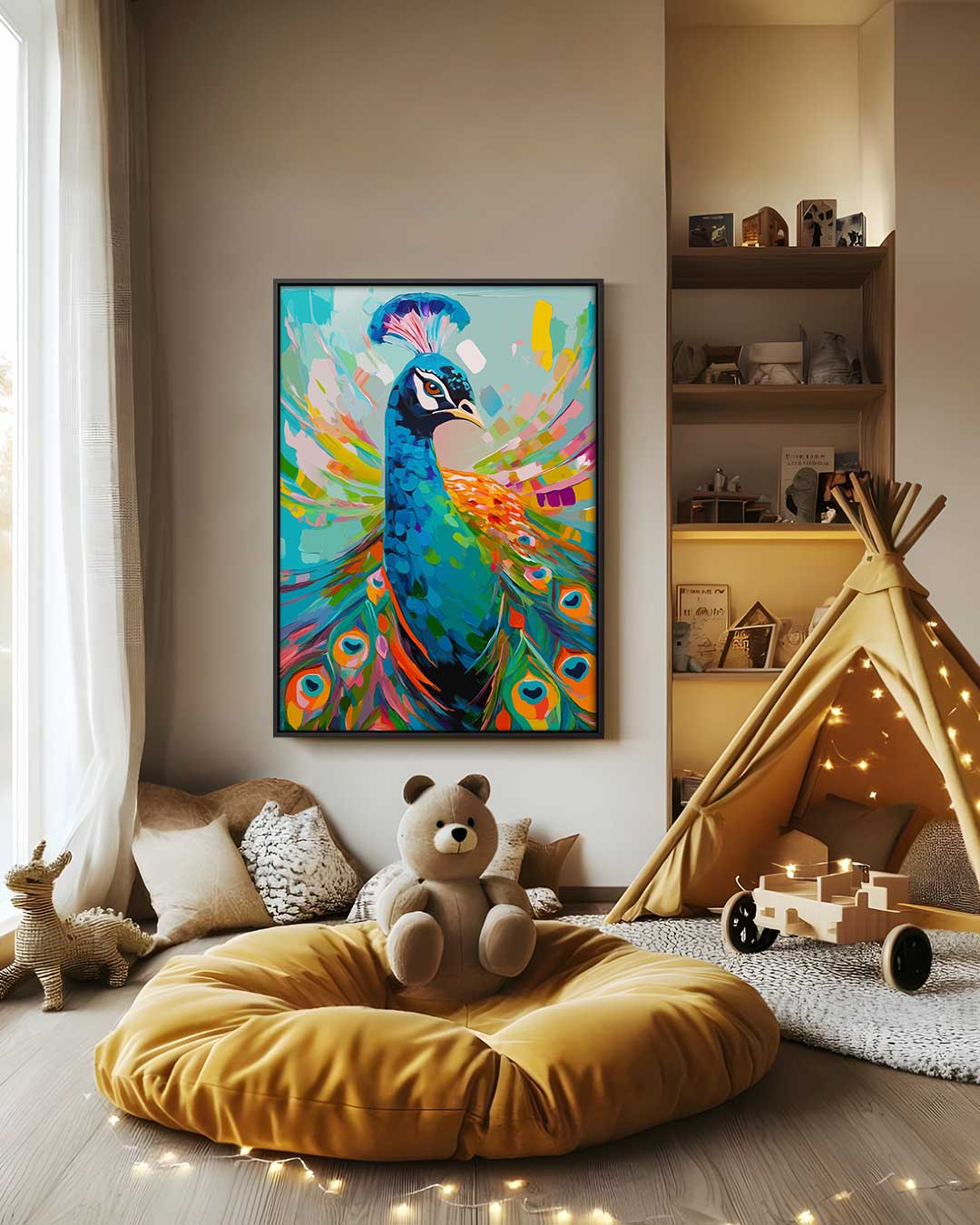 Kleurrijke Pauwportret Kunstwerk-canvas-dibond-plexiglas-wanddecoratie-WallArtistic