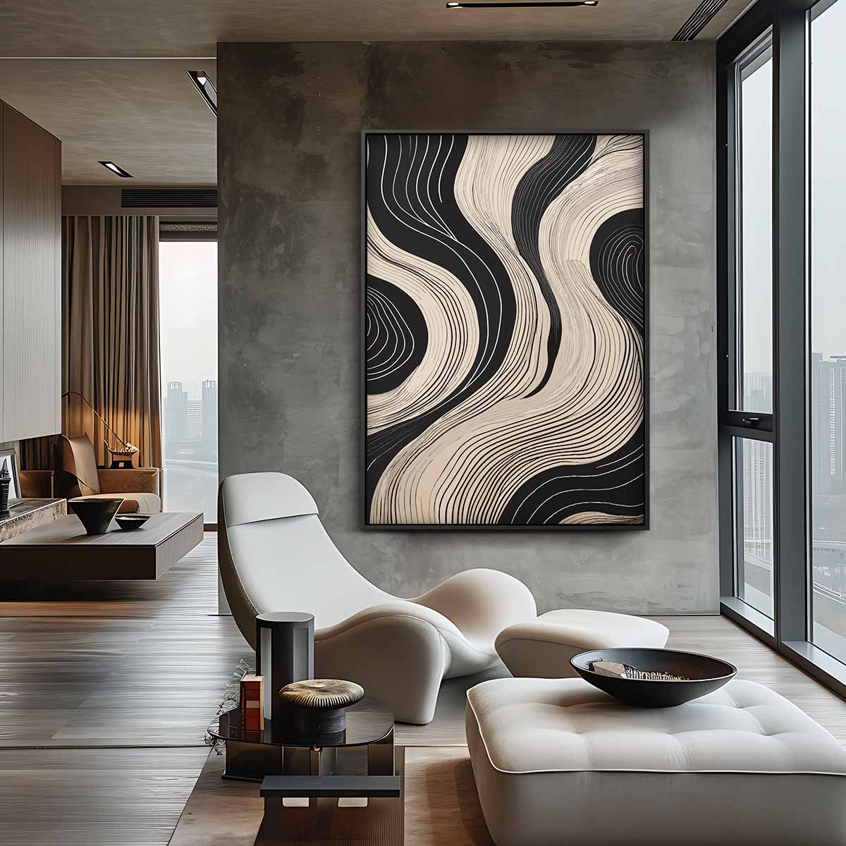 Golvende Lijnen Op Zwart Kunstwerk-canvas-dibond-plexiglas-wanddecoratie-WallArtistic