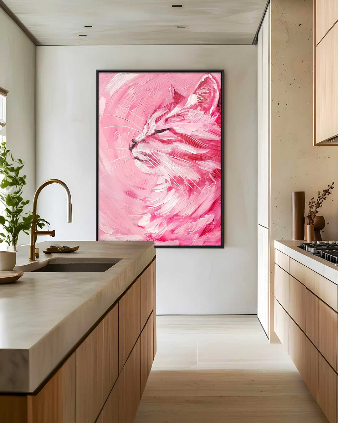 Dromerige Roze Kat Kunstwerk-canvas-dibond-plexiglas-wanddecoratie-WallArtistic