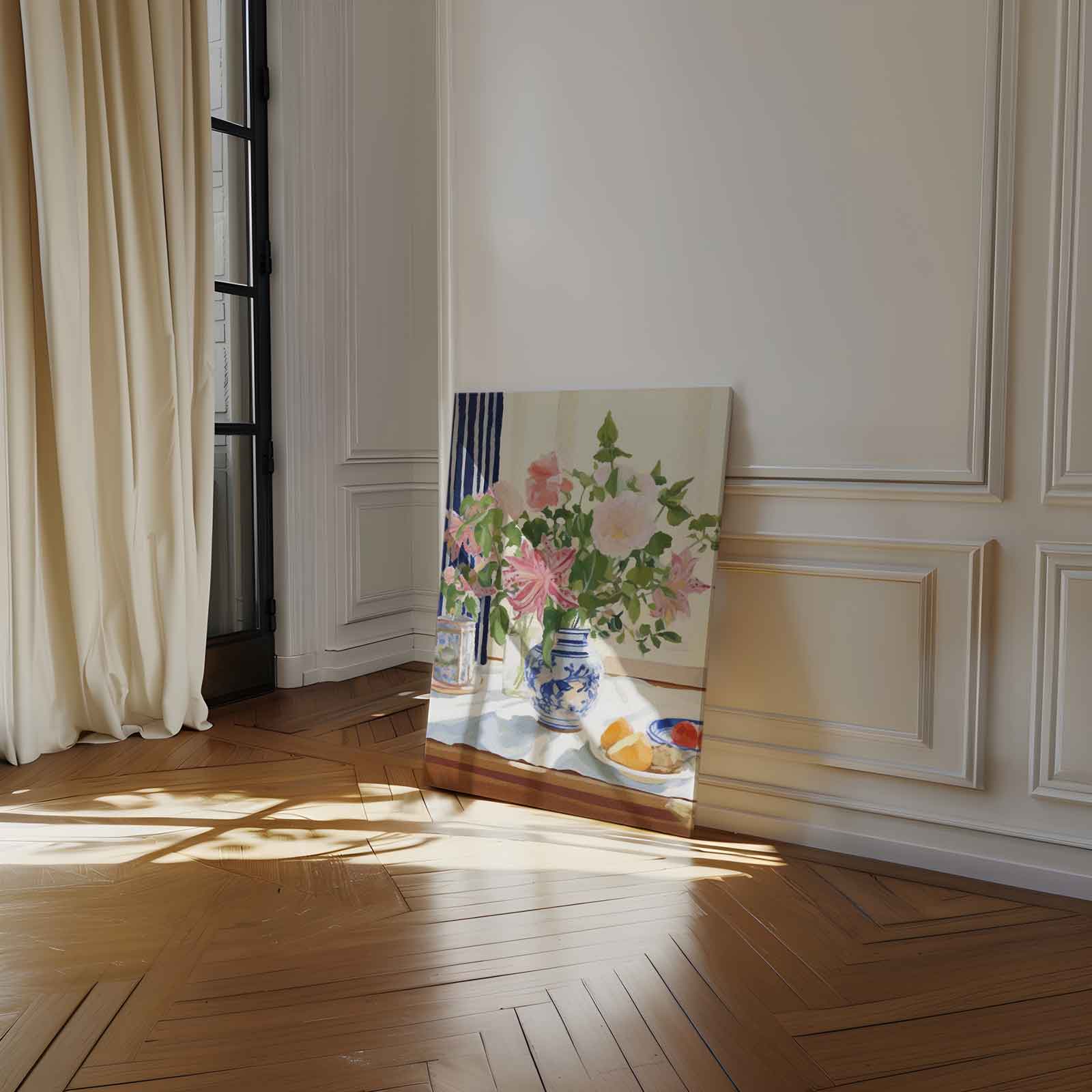 Zomers Bloemenboeket in Blauwe Vaas Kunstwerk-canvas-dibond-plexiglas-wanddecoratie-WallArtistic