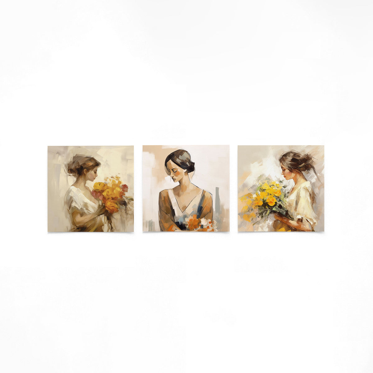 Drie vierkante posters met vrouwen met bloemen op een gebroken witte achtergrond