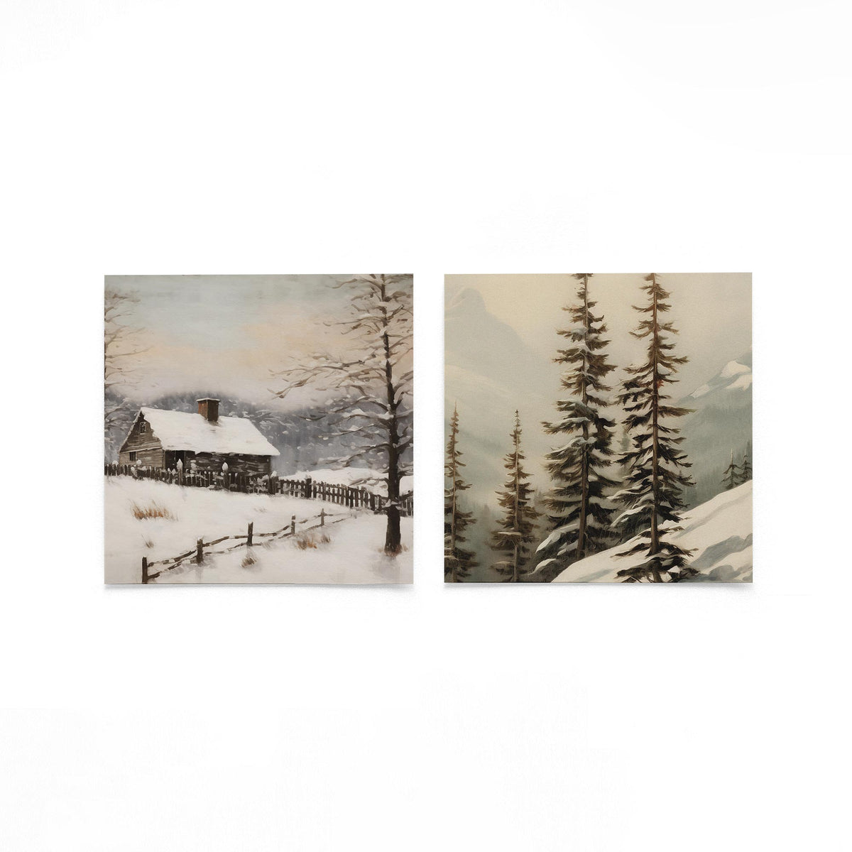 Twee vierkante posters met besneeuwd berglandschap op een gebroken witte achtergrond
