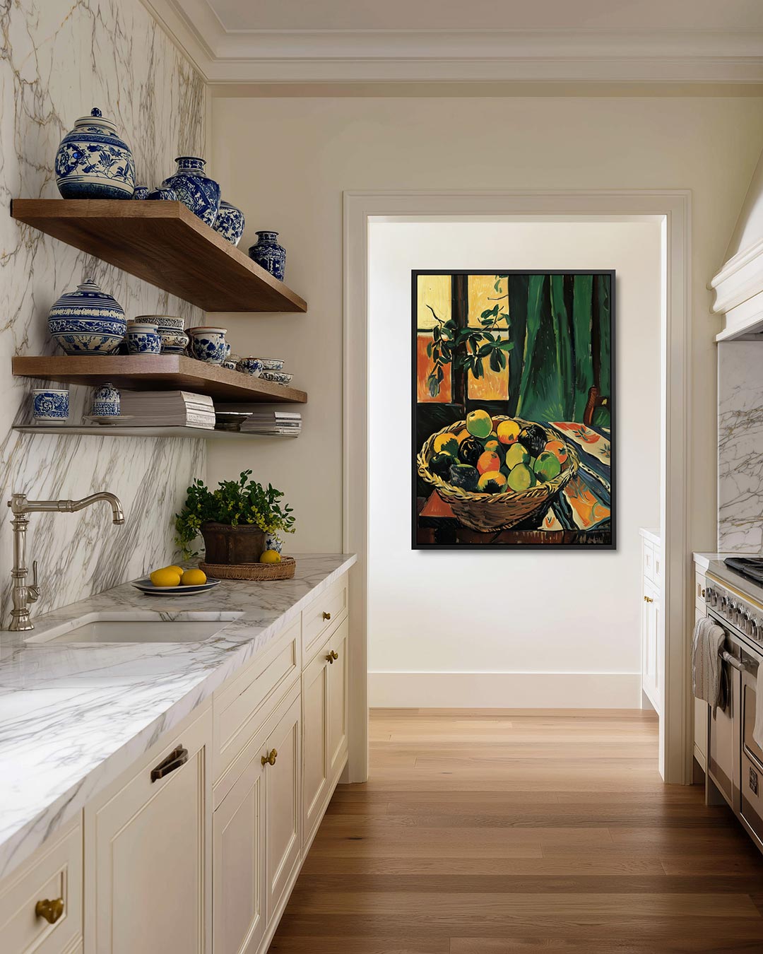 Fruitmand met gordijn Kunstwerk