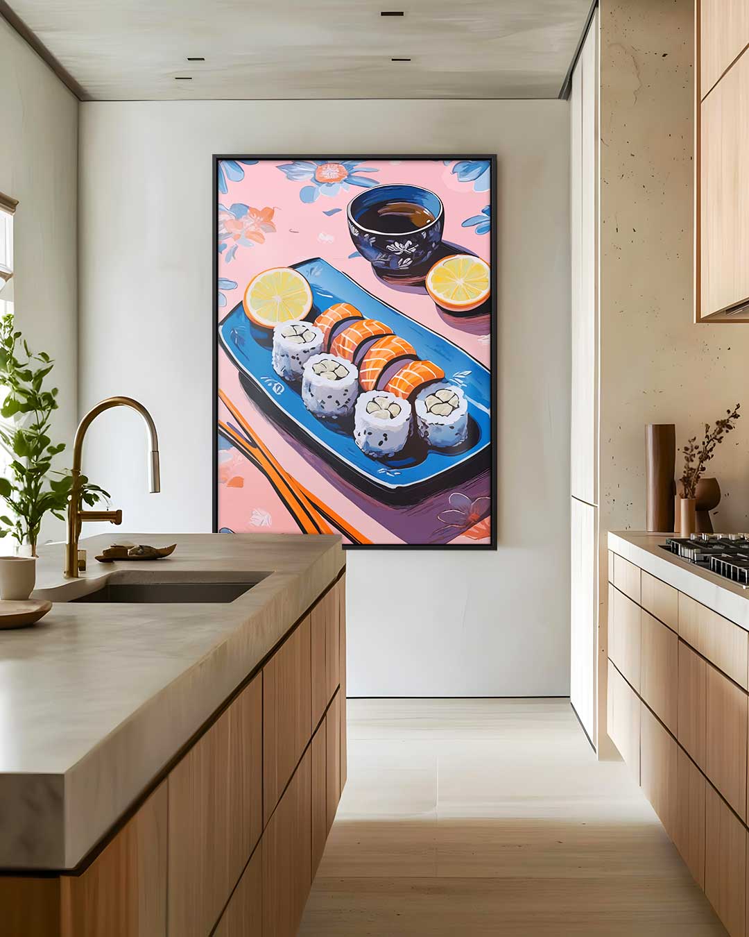 Sushi Stilleven op Bloemenachtergrond Kunstwerk-canvas-dibond-plexiglas-wanddecoratie-WallArtistic