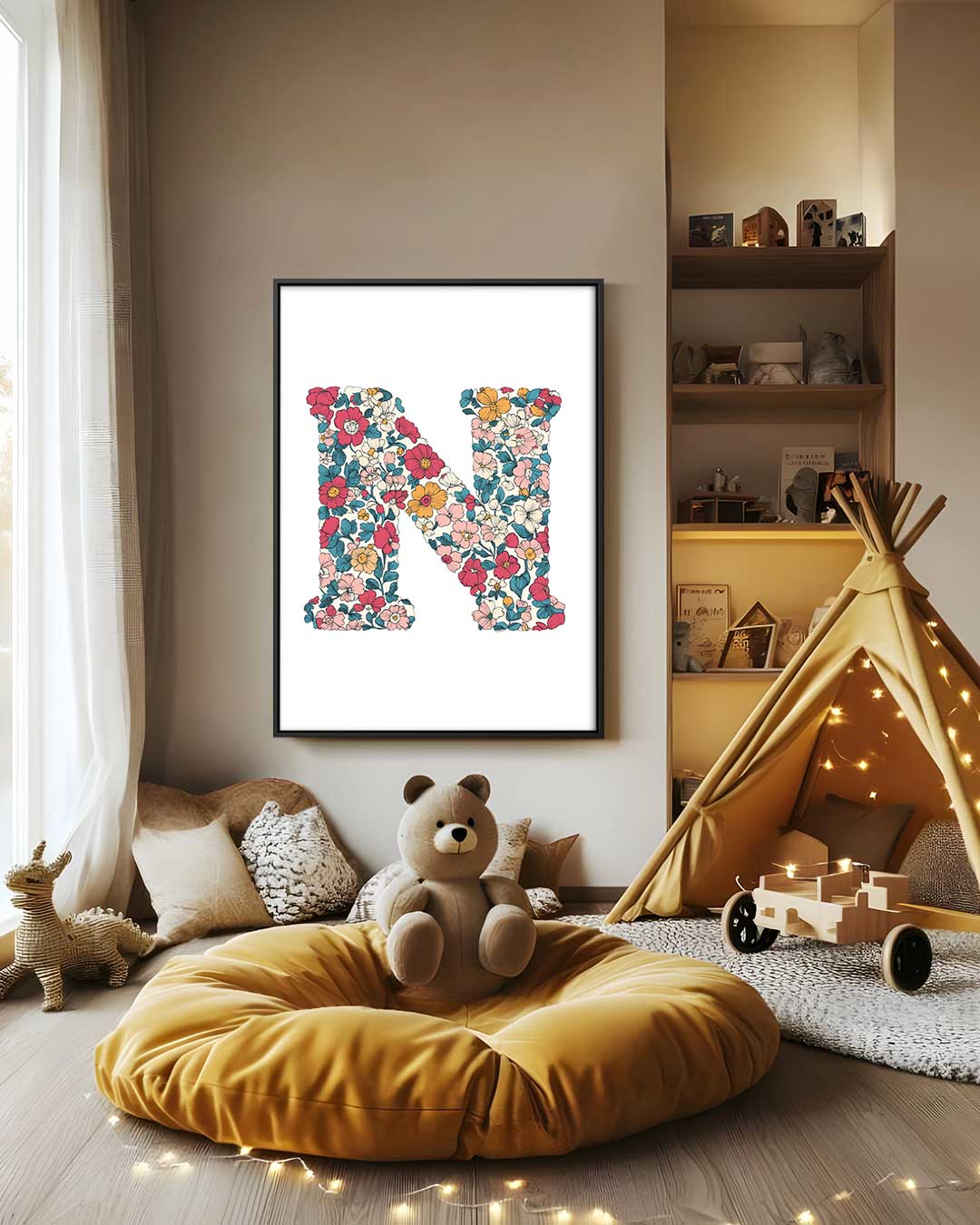 Bloemen Monogram N Kunstwerk-canvas-dibond-plexiglas-wanddecoratie-WallArtistic