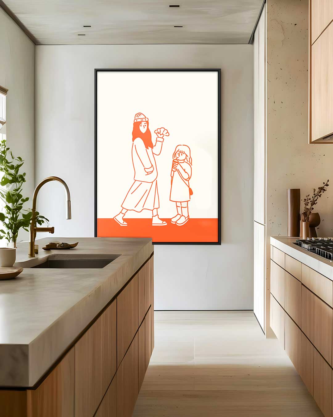 Vrolijke Wandeling in Oranje Kunstwerk-canvas-dibond-plexiglas-wanddecoratie-WallArtistic