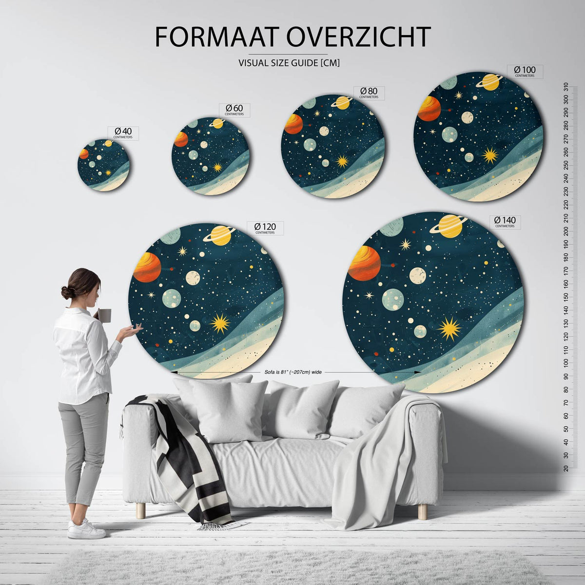 Planeten en sterren Muurcirkel – extra productweergave – De muurcirkel toont verschillende planeten en sterren in geel