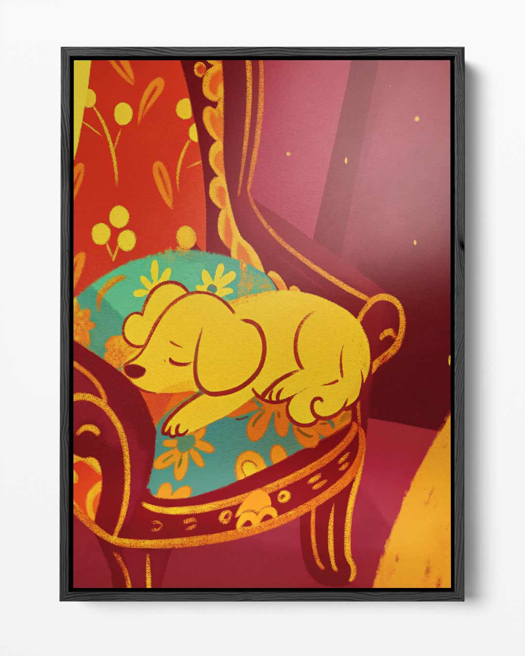 Slapende Puppy op Bloemenstoel Kunstwerk-canvas-dibond-plexiglas-wanddecoratie-WallArtistic