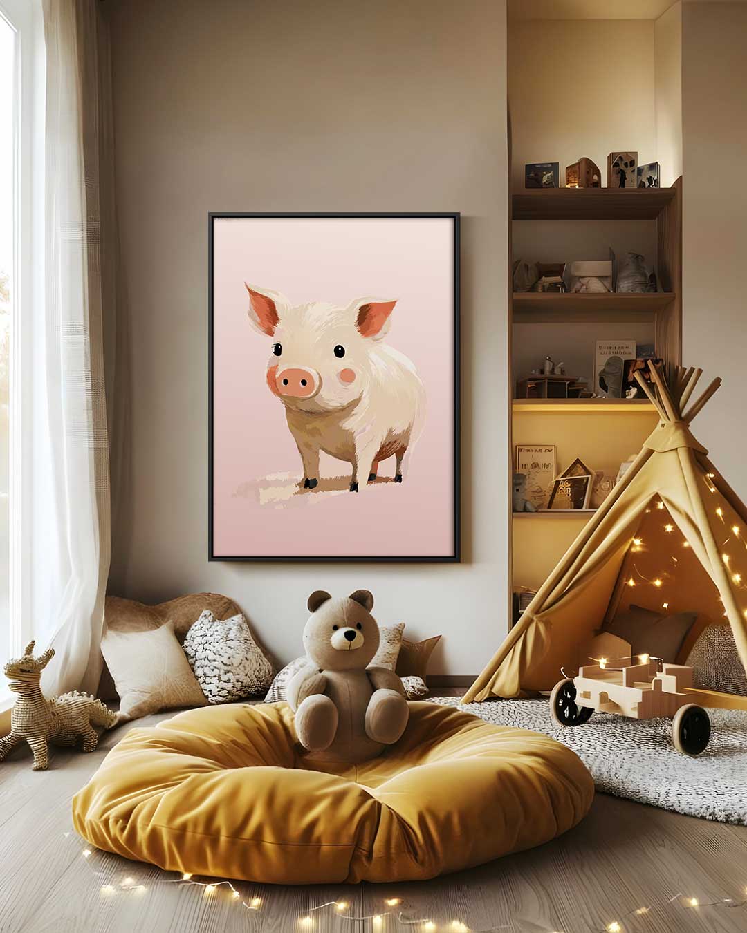 Schattig Varkentje op Roze Achtergrond Kunstwerk-canvas-dibond-plexiglas-wanddecoratie-WallArtistic