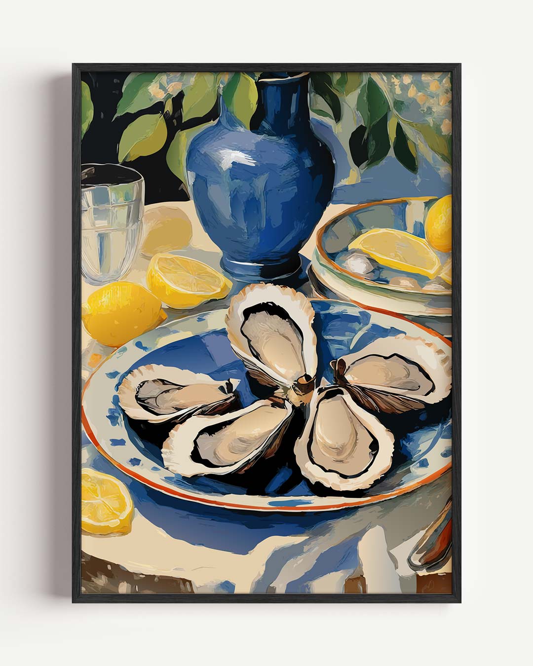 Fris Blauw Stilleven met Citroenen en Oesters Poster