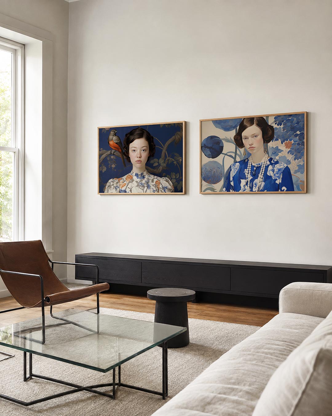 Interieurpresentatie van twee posters met donkere tinten en een rustige visuele opbouw
