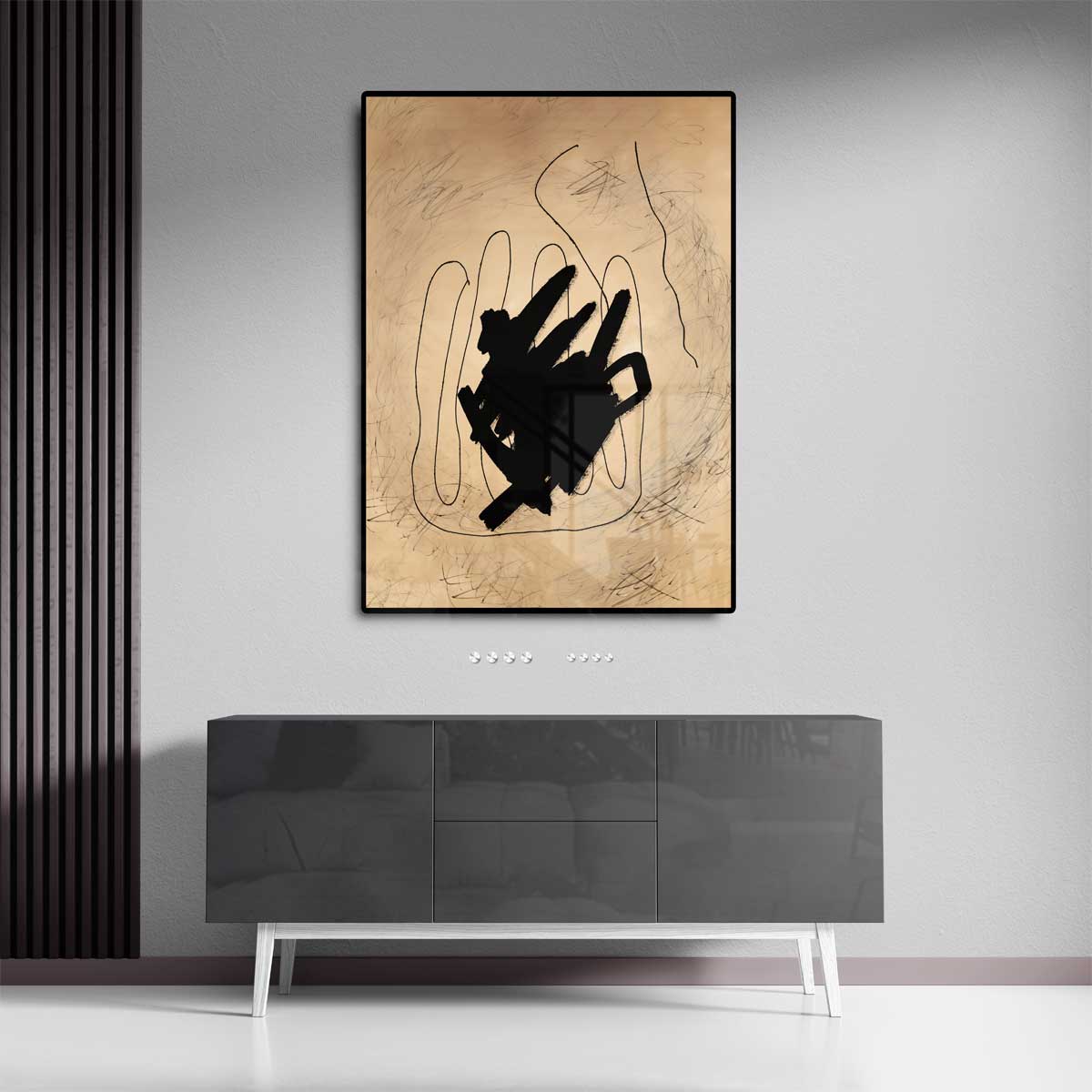 Abstracte Expressie in Zwart en Beige Kunstwerk-canvas-dibond-plexiglas-wanddecoratie-WallArtistic