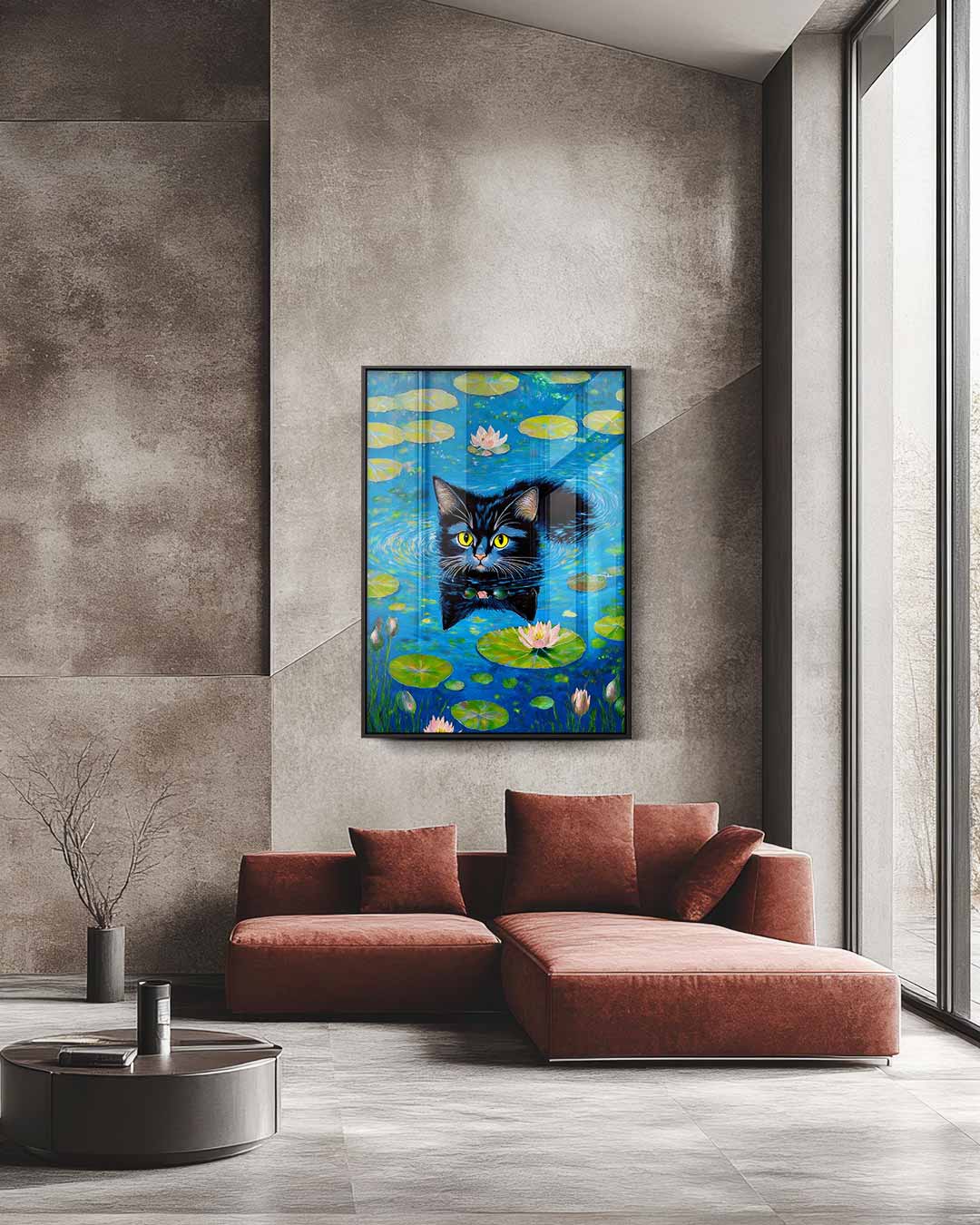 Zwemmende Kat Tussen Waterlelies Kunstwerk-canvas-dibond-plexiglas-wanddecoratie-WallArtistic