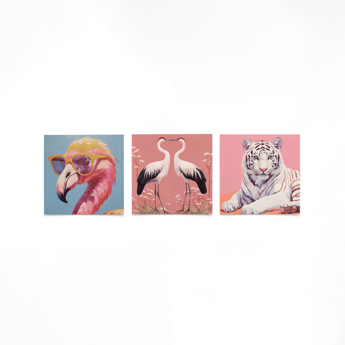 Drie vierkante posters met dierenportretten op een gebroken witte achtergrond