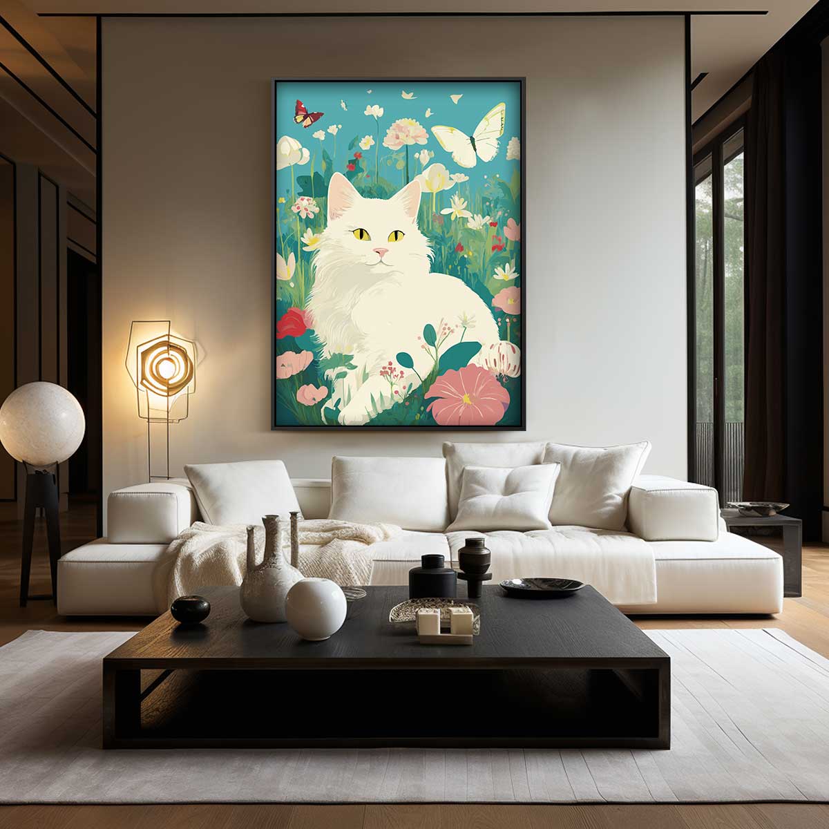 Dromerige Kat in Bloemenweide Kunstwerk-canvas-dibond-plexiglas-wanddecoratie-WallArtistic