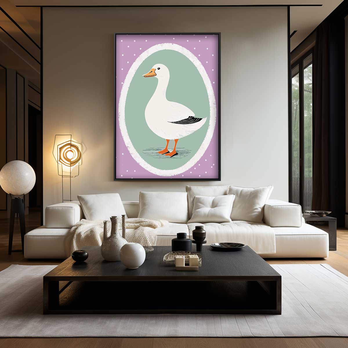 Schattige Eendenschilderij op Paars Kunstwerk-canvas-dibond-plexiglas-wanddecoratie-WallArtistic