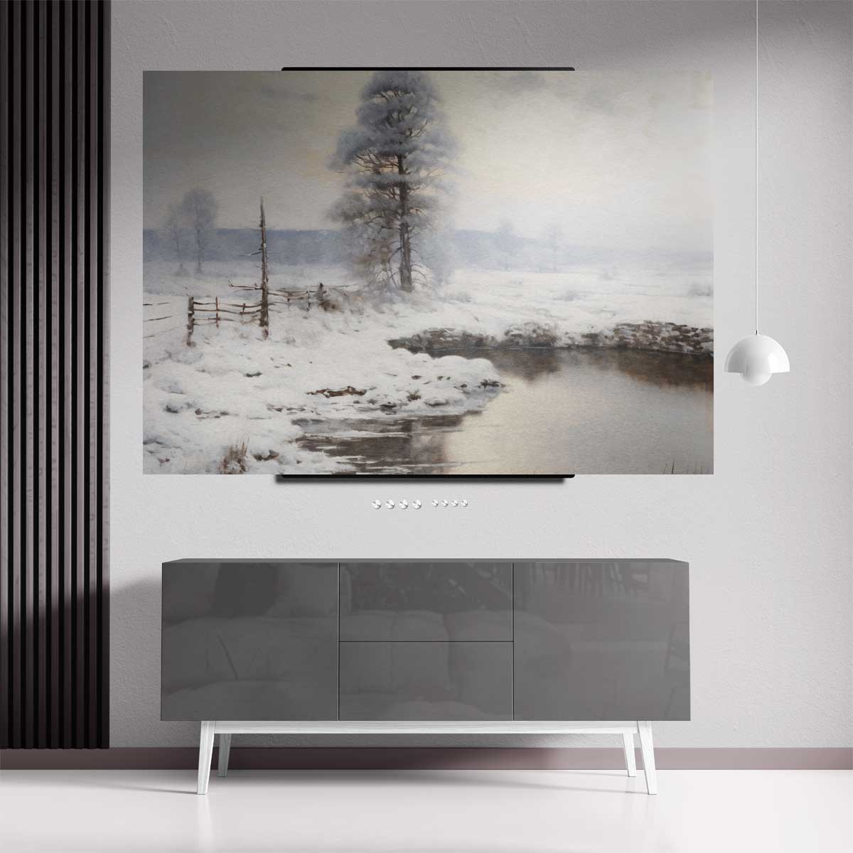Winterlandschap met Sneeuw en Vijver Kunstwerk-canvas-dibond-plexiglas-wanddecoratie-WallArtistic