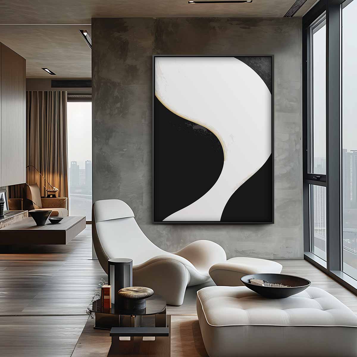 Sierlijke Golven in Zwart-Wit Kunstwerk-canvas-dibond-plexiglas-wanddecoratie-WallArtistic
