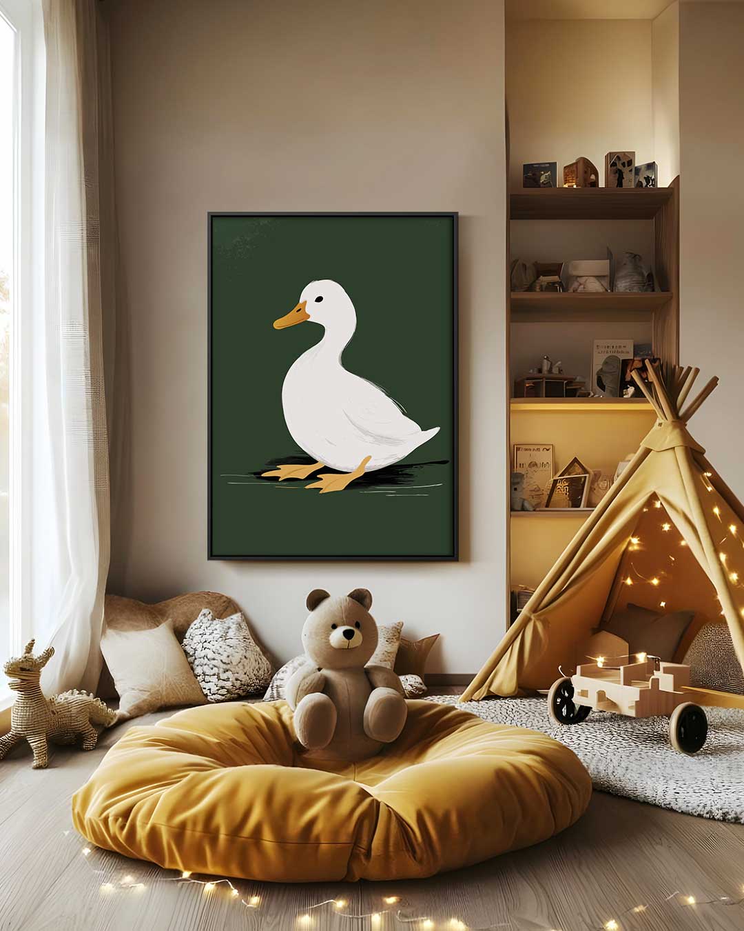 Eend op Donkergroene Achtergrond Kunstwerk-canvas-dibond-plexiglas-wanddecoratie-WallArtistic
