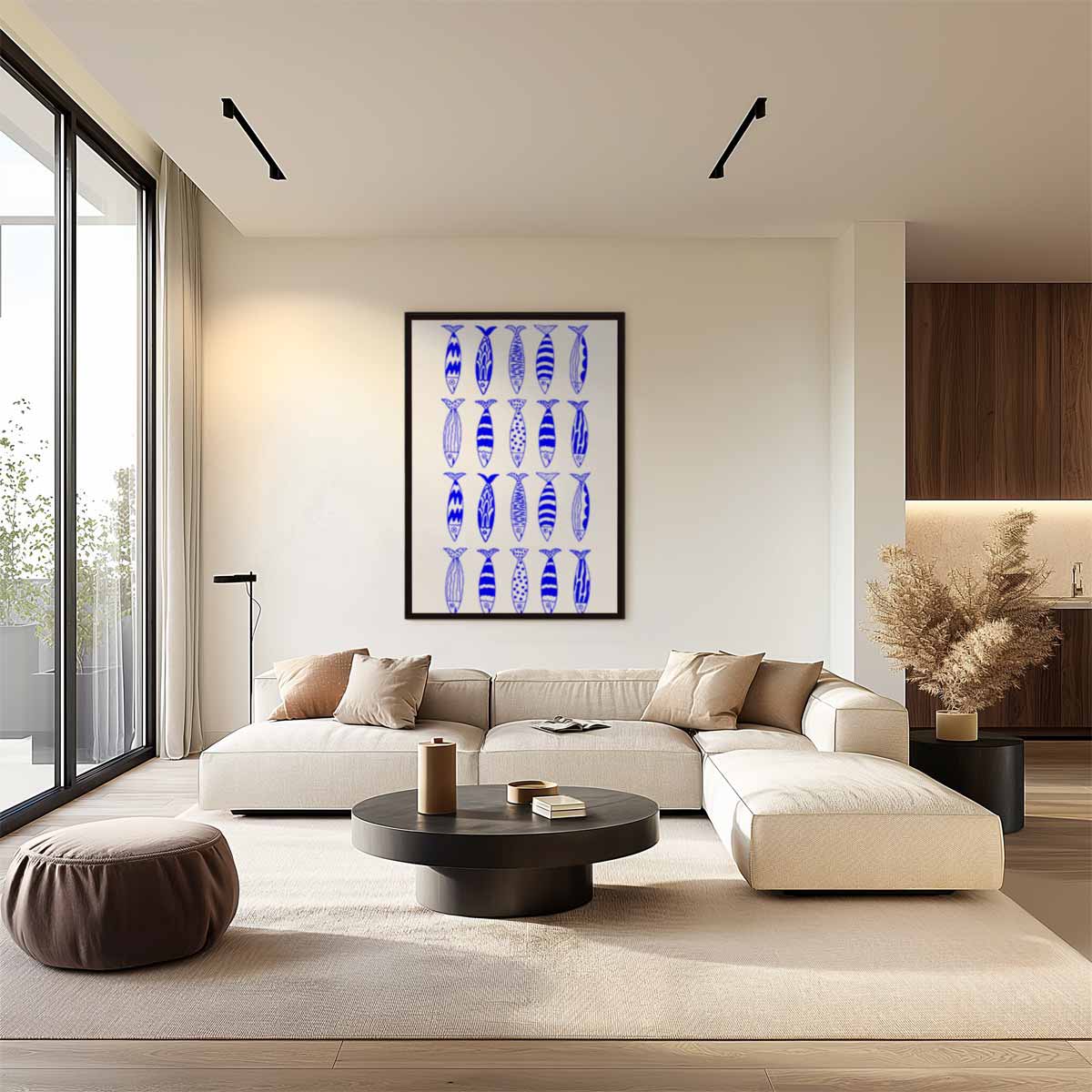 Abstract Vissenpatroon in Blauw Kunstwerk-canvas-dibond-plexiglas-wanddecoratie-WallArtistic