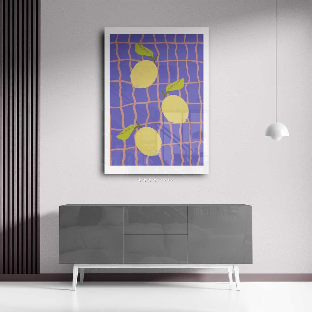 Citroenen op Blauw Ruitpatroon Kunstwerk-canvas-dibond-plexiglas-wanddecoratie-WallArtistic