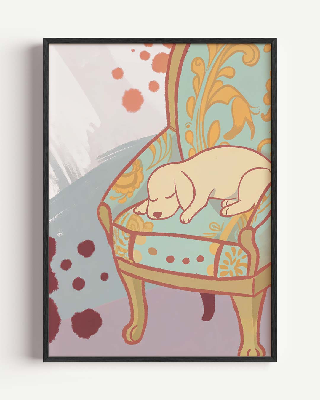 Dromerig Slapende Pup op Vintage Stoel Poster